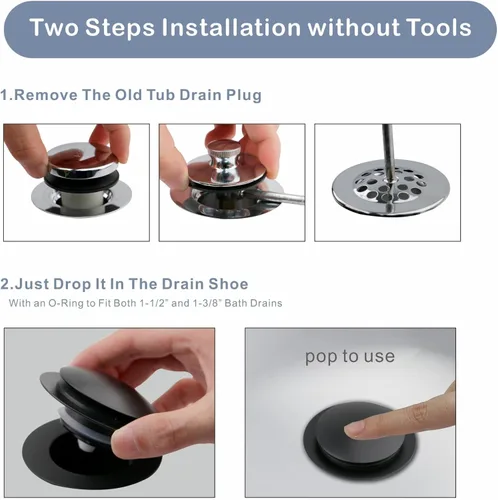 Vista 5 de Tapón de Desagüe de Bañera Negro Mate, Hidrop Tapón de Desagüe Universal Pop Up Tip Toe para Bañera, Se Ajusta de 1.375 a 1.5 Pulgadas, Reemplaza