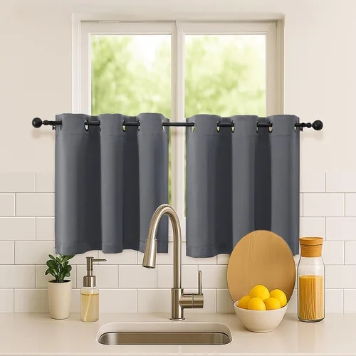 Vista 107 de Simplebrand Juego de 2 paneles de cenefa aguamarina para ventana de cocina de 14 pulgadas de largo, cortinas de oscurecimiento de habitación