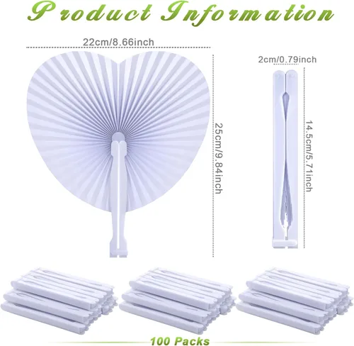 Vista 2 de Yulejo Paquete de 100 abanicos de papel plegables de boda a granel con forma de corazón blanco plegable personalizado con asas de plástico