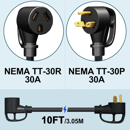 Vista 2 de STRIGHT Cable de Extensión para RV de 10 Pies 30 Amp, Cable de Extensión de Energía para RV NEMA TT-30P Macho a TT-30R Hembra Trabajo Pesado Calibre