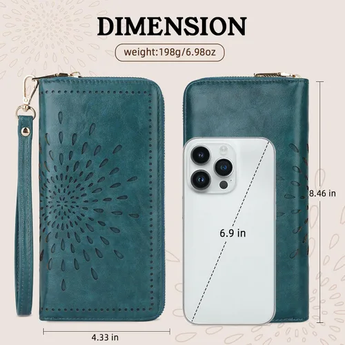 Vista 6 de APHISON Billetera para mujer, gran capacidad, monedero, tarjetero, RFID, pulsera, teléfono, cremallera, moneda, bolsillo de viaje azul