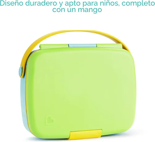 Vista 5 de Munchkin - Lonchera Bento para niños y bebés, incluye utensilios de acero inoxidable, sin BPA, para 18 meses en adelante, Azul/Verde/Amarillo