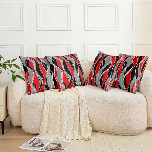 Vista 2 de Juego de 4 fundas de almohada geométricas a rayas de 16 x 16 pulgadas, fundas de almohada geométricas de rayas rojas, negras y grises para sofá