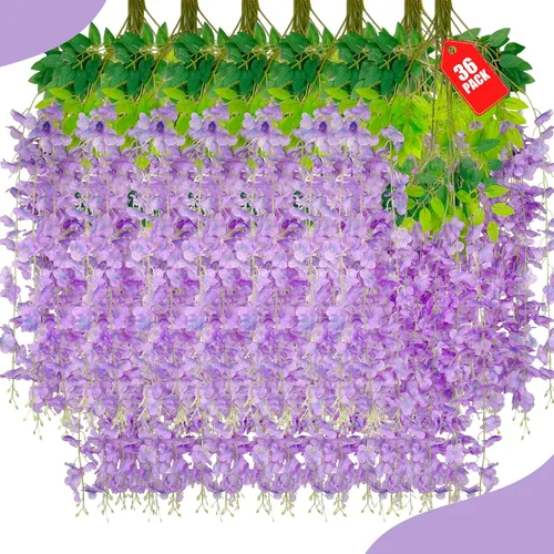 Vista 37 de Paquete de 12 flores colgantes de glicina rosa, flores colgantes falsas de 3.44 pies, guirnalda de glicina artificial para decoración de boda, telón