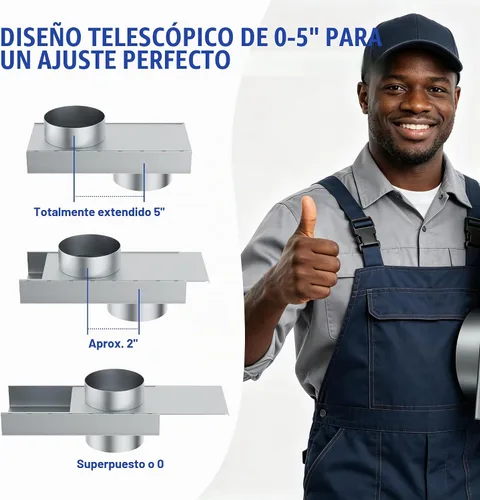 Vista 4 de Periscope - Rejilla de ventilación de secadora ajustable de acero inoxidable de 0-5 pulgadas, kit de conector 84049, adaptador de manguera