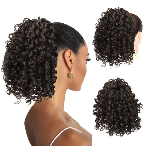 Vista 16 de PEACOCO Extensión de cola de caballo rizada con cordón para mujeres negras - Cola de caballo de 6 pulgadas con clip, postizo sintético de afro corto