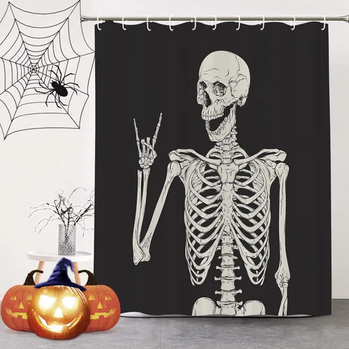 Vista 9 de Bonita cortina de ducha de Halloween, fantasmas divertidos y espeluznantes, juego de cortina de ducha de poliéster blanco y negro con 12 ganchos