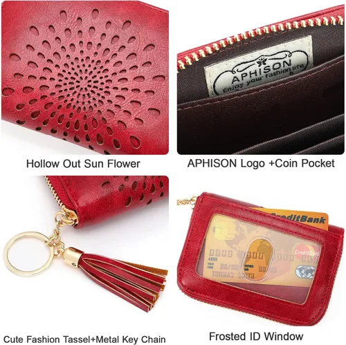 Vista 4 de APHISON RFID - Porta tarjeta de crédito con cremallera carteras pequeñas para mujer en cuero estilo girasol para mujer y niña caja de regalo 1927