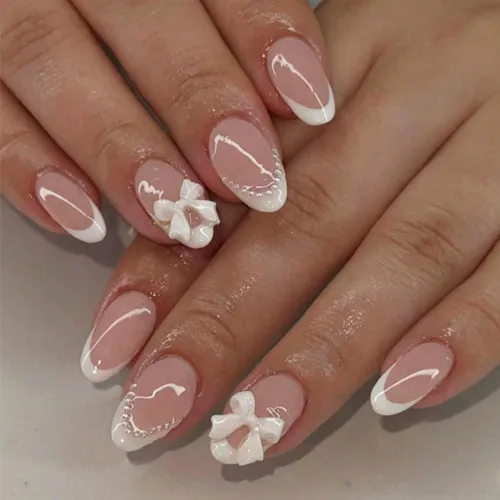 Vista 36 de Uñas postizas a presión medianas con diseño geométrico blanco almendra – 24 uñas postizas reutilizables de ABS brillante, fácil de aplicar, juego