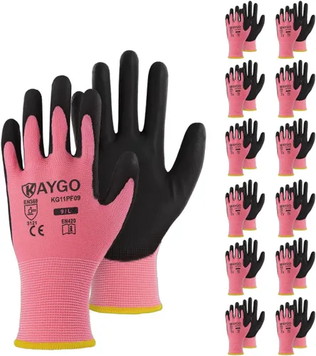 Vista 43 de KAYGO KG11PB - Guantes de trabajo de seguridad con revestimiento de poliuretano, 12 pares de guantes de punto sin costuras para hombres y mujeres