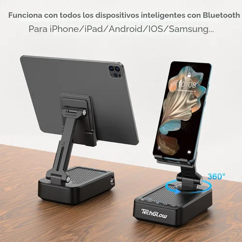 Vista 5 de TechGlow Soporte plegable para teléfono celular con función de carga de altavoz Bluetooth, soporte giratorio de 360°, regalos de cumpleaños