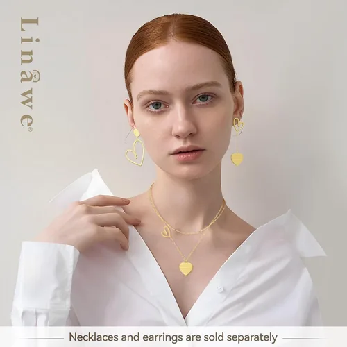 Vista 4 de Linawe Aretes colgantes con forma de corazón para mujer, de acero inoxidable, hipoalergénicos, asimétricos, para el día de San Valentín