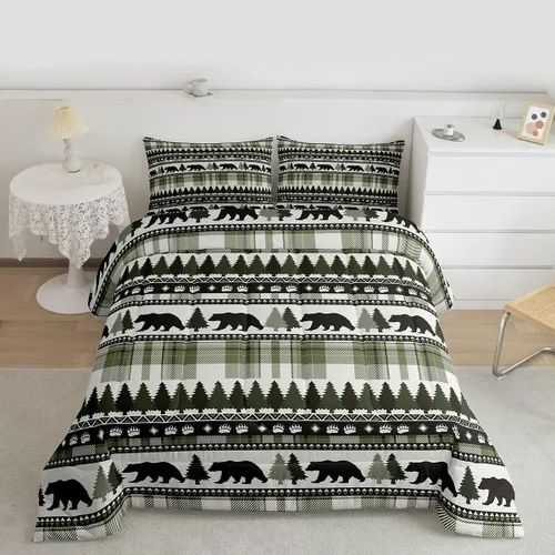 Vista 4 de Juego de edredón con siluetas de oso para niños, tamaño individual, decoración de Navidad para niños y niñas, adultos, edredón de plumón de pinos
