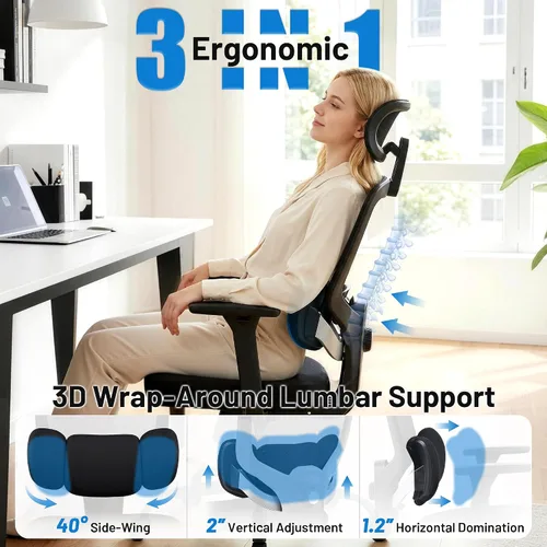 Vista 3 de Silla ergonómica de escritorio de oficina, silla de computadora de malla transpirable con respaldo alto, soporte lumbar 3D, reposacabezas 2D