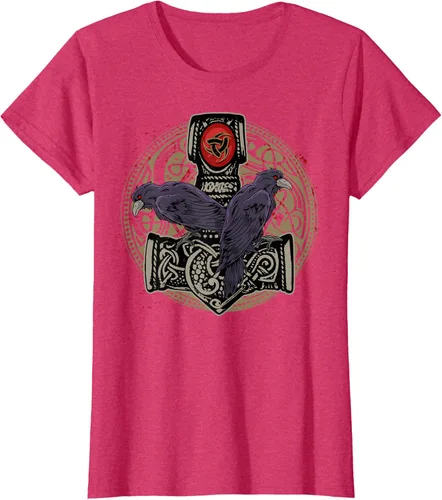 Vista 11 de Thors Hammer Mjolnir Huginn and Muninn Odin Raven - Camiseta, Negro, S