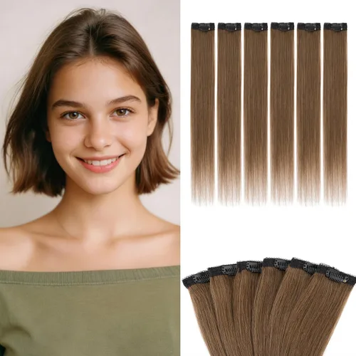 Vista 12 de 6 extensiones de cabello real con 6 clips, cabello ondulado de 10 pulgadas, color marrón oscuro
