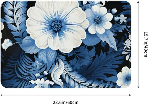 Vista 2 de Tapete para puerta delantera, tapete de bienvenida con estampado floral azul y blanco, absorbente, antideslizante, tapete de entrada suave, alfombra
