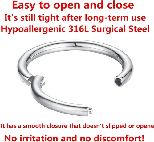 Vista 2 de ORANGELOVE Anillos de nariz hipoalergénicos de 20 G 18 G 16 G 14 G 12 G 10 G 8 G 316 l joyería de tabique de acero quirúrgico con bisagras anillo