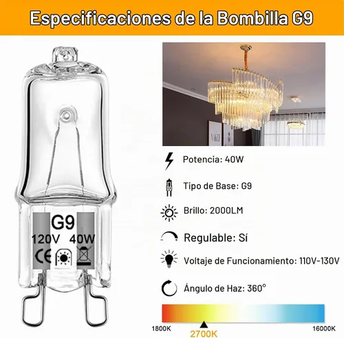 Vista 3 de Bombilla halógena G9 de 40 W, 120 V, T4, tipo JCD, bombillas halógenas de 2 pines para candelabros, luces de gabinete, luces de campana extractora
