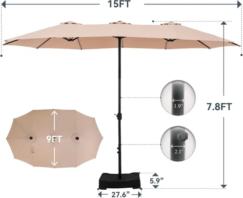 Vista 5 de GREEN PARTY Sombrilla de patio rectangular de 15 pies con base incluida, sombrilla de mesa de doble cara con manivela, sombrillas grandes