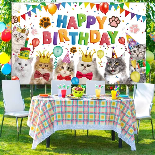 Vista 5 de Tatuo Telón de fondo de feliz cumpleaños de 5.9 x 3.6 pies, decoración de cumpleaños de gato, temática de gatito, fondo de fotos, fondo