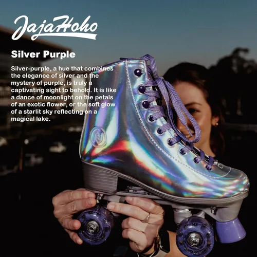 Vista 6 de JajaHoho Patines de ruedas para mujeres, piel sintética holográfica de alta calidad, patines brillantes de doble fila de cuatro ruedas para niñas