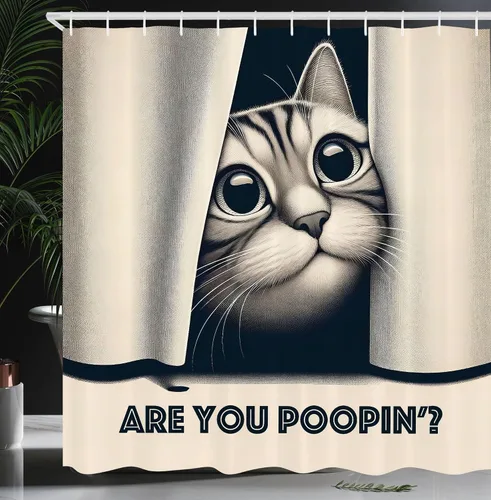 Vista 32 de Ambesonne Cortina de ducha de gato, diseño bohemio de estilo étnico con poses de gatitos sentados y acostados, juego de decoración de baño de tela