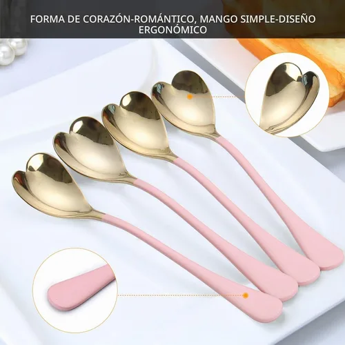 Vista 3 de 4 cucharas de postre, 6.7 pulgadas, en forma de corazón rosa, cucharas de helado de acero inoxidable 18/10