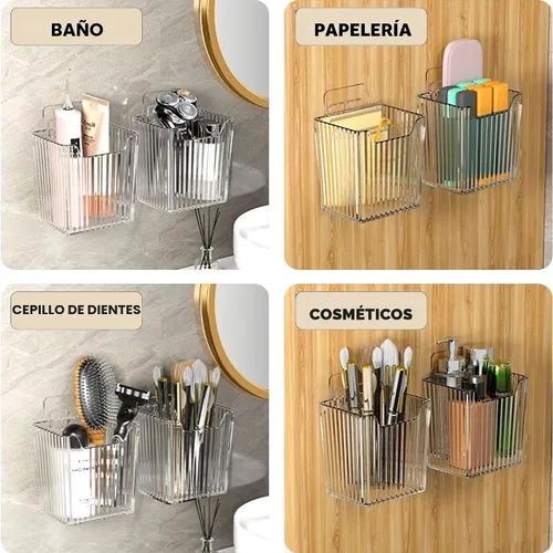 Vista 5 de Paquete de 4 organizadores acrílicos para montaje en pared, contenedores de almacenamiento adhesivos para puerta de gabinete, contenedores
