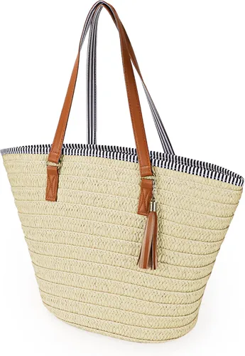 Vista 2 de Bolso grande de paja para mujer, bolso de playa con borla para el verano