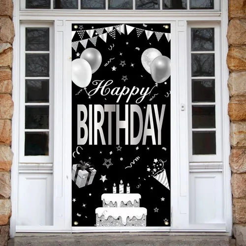 Vista 4 de Cartel de feliz cumpleaños negro y blanco plateado para hombres y mujeres, cubierta de puerta de feliz cumpleaños, suministros de fiesta, póster