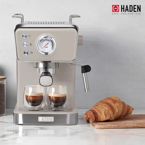 Vista 7 de HADEN Barista Brew - Cafetera de café expreso, de acero inoxidable con espumador de leche y vaporizador y tanque de agua de 1.5 L, masilla y cobre