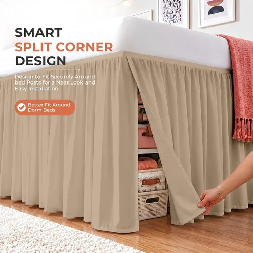 Vista 29 de Dorm Ruffle Twin XL 28" Drop Extra Long BedSkirt, Premium Brushed Microfiber Tailored Drop, Put On Elastic Long Dust Ruffle, Split Corner, Bedroom