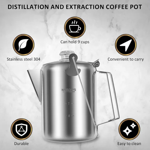 Vista 2 de Cafetera de camping – Percolador de estufa con perilla de vidrio superior transparente – Cafetera de camping para viajes de preparación rápida