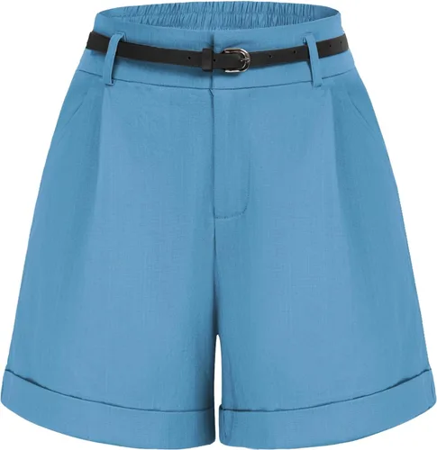 Vista 13 de Belle Poque Bermudas para mujer, cintura elástica, pantalones cortos de pierna ancha con bolsillos y cinturones Negro