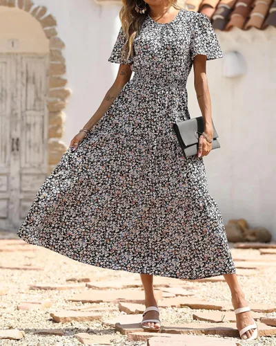 Vista 7 de PRETTYGARDEN - Vestido largo casual de verano para mujer, manga corta, con vuelo, cuello redondo, cintura fruncida, escalonado, bohemio, floral