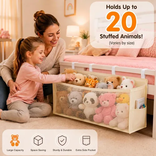 Vista 4 de Beeveer Organizador de animales de peluche para mesita de noche, red organizadora de juguetes de peluche de gran capacidad que ahorra espacio