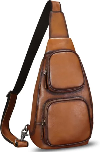 Vista 2 de LRTO Bolso de cuero genuino para hombres y mujeres, moda de cuero real, mochila bandolera de hombro, bolso cruzado de pecho