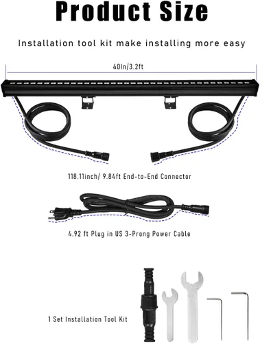 Vista 7 de Luces LED enlazables mejoradas para lavadora de pared, gran angular de 10 x 60 pulgadas, 36 W, 5000 K, luz diurna enchufable, 120 V, 40 pulgadas