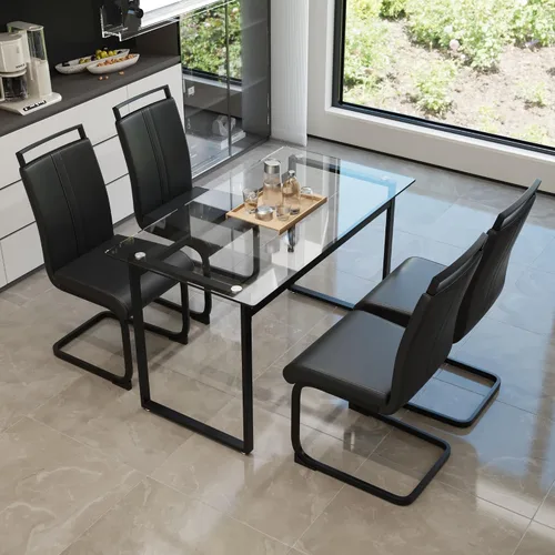 Vista 19 de Juego de mesa de comedor de cristal moderno para 4, juego de mesa de cocina rectangular, juego de mesa de comedor de 5 piezas con 1 mesa de vidrio