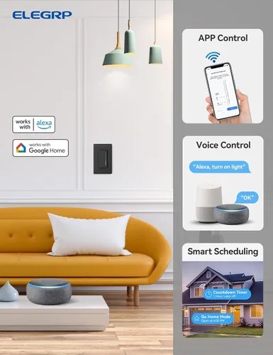 Vista 2 de ELEGRP Interruptor Regulador de Luz Inteligente DTR30, Unipolar o 3 Vías, Regulador Táctil Wi-Fi de 2.4GHz Compatible con Alexa/Google Assistant