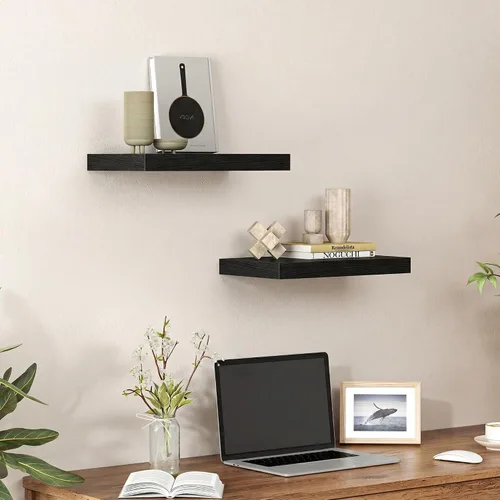 Vista 2 de Heimlove Juego de 2 estantes flotantes de 16 pulgadas para pared, estante negro para baño pequeño, dormitorio, sala de estar, cocina, decoración