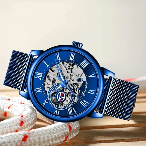 Vista 6 de Dentily Reloj de esqueleto para hombre clásico con número romano Steampunk Reloj mecánico Relojes de viento para hombre (azul)