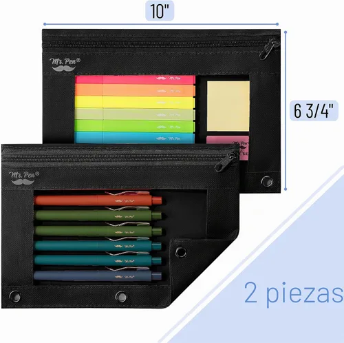 Vista 2 de Mr. Pen Estuche de tela para lápices con 3 agujeros para carpeta, color negro, juego de 2