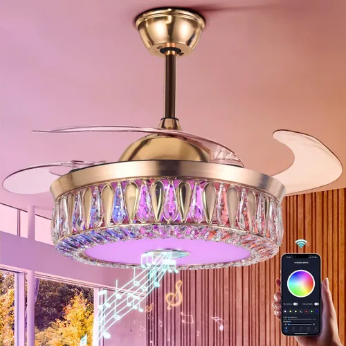 Vista 10 de Ventilador de techo retráctil de 42 pulgadas con luz y control remoto, candelabro negro cristal, moderno, comedor