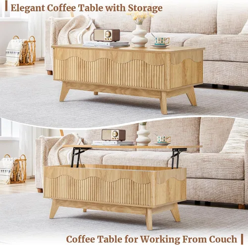 Vista 5 de BERRYMERRY Mesa de centro elevable con almacenamiento oculto, mesa de centro acanalada de granja con perfil ondulado, mesa central rectangular Roble