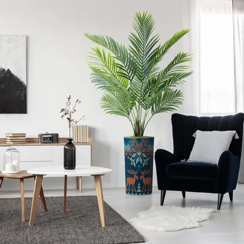 Vista 19 de Árbol artificial con diseño de hojas blancas y negras, palmera tropical areca artificial de seda para decoración del hogar en interiores y Diseño