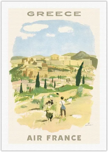 Vista 11 de Greece - Acropolis of Athens - France - Vintage Airline Travel Poster by Georges Beuville c.1958 - Fine Art Rolled Canvas Print 11in x 14in
