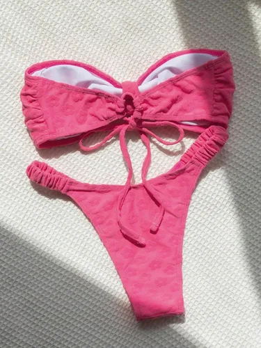 Vista 2 de MakeMeChic Conjunto de bikini de 2 piezas para mujer, traje de baño de corte alto, sin tirantes, sin espalda
