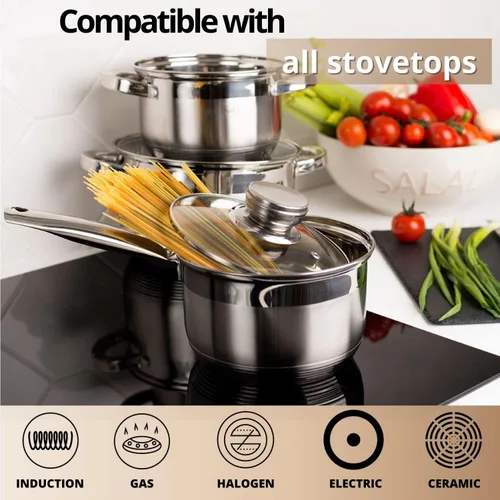 Vista 5 de Daniks Olla Estándar de Acero Inoxidable de 2 Cuartos con Tapa de Vidrio, Fondo Tri-Capa para Calentamiento Uniforme, Compatible con Inducción, Apta